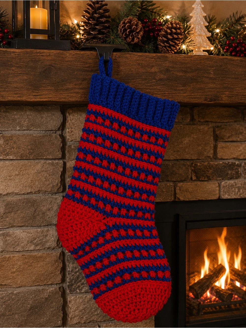 Handmade Crochet Christmas Stocking Red Blue Striped Holiday Mantel Decor